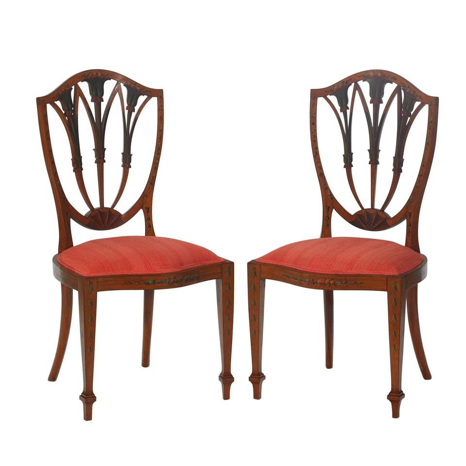 Pair of Edwardian Painted Satinwood Shield-Back Side Chairs  