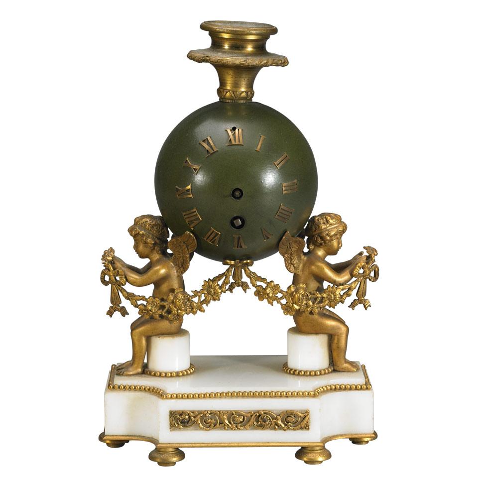 Small French Louis XVI Style Patinated and Gilt Bronze and Marble Mantle Timepiece, c.1900