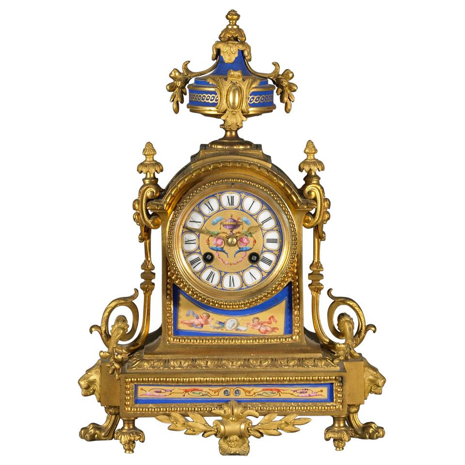 Louis XVI Style Porcelain Mounted Gilt Bronze Mantel Clock, c.1890