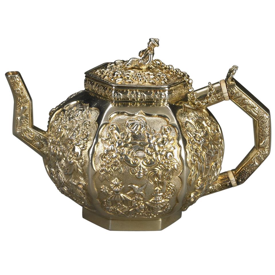 George III Silver-Gilt Chinoiserie Hexagonal Teapot, John Page, London, 1819