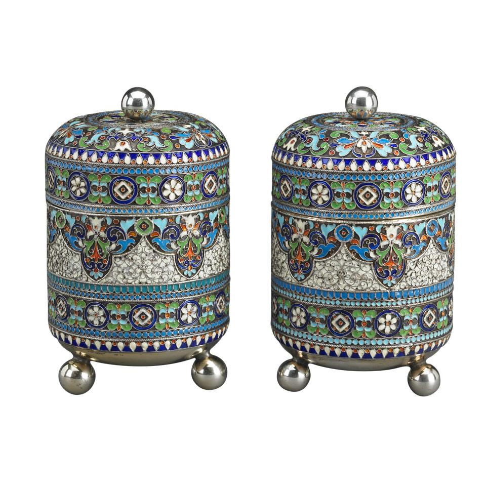 Pair of Russian Silver and Cloisonné Enamel Covered Jars
