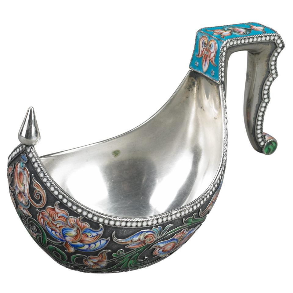 Russian Silver and Cloisonné Enamel Kovsh, Moscow, 1896-1908