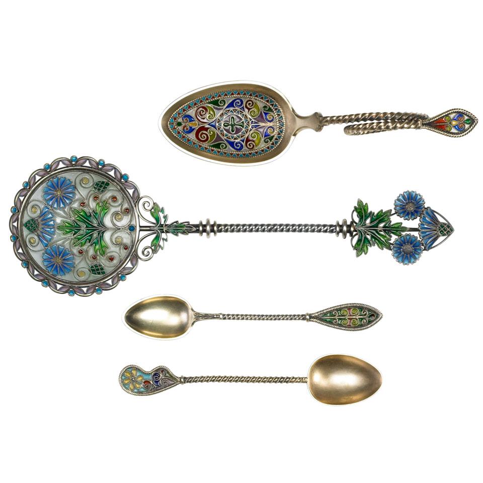 Four Plique-à-Jour Enameled Silver Spoons, c.1900