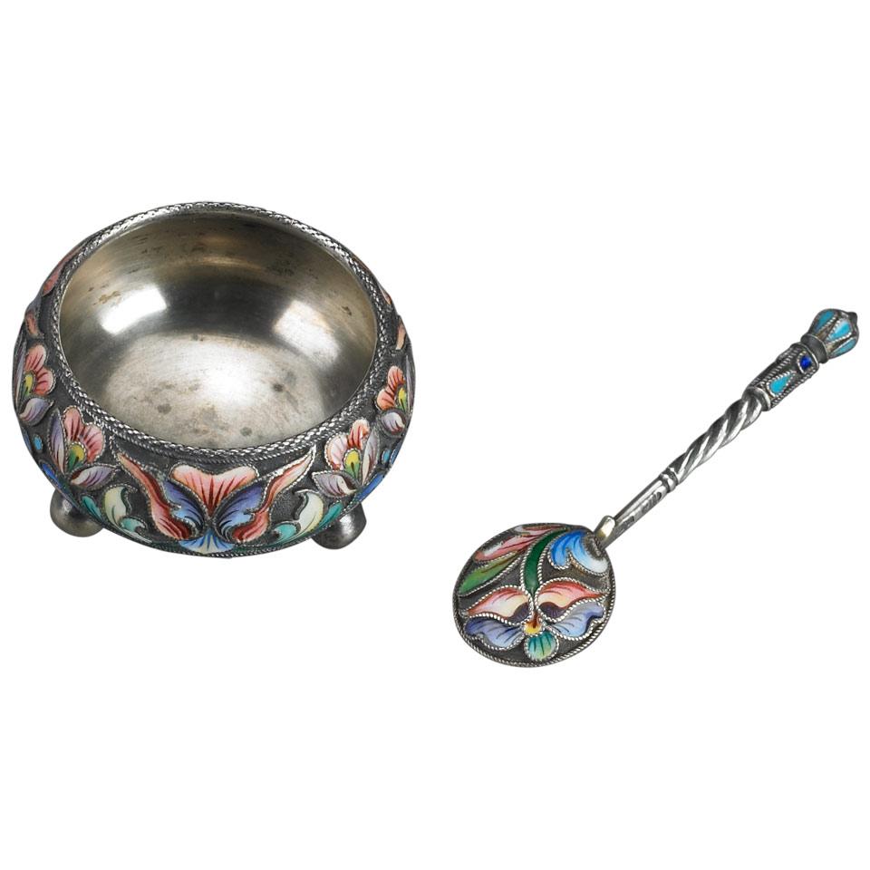 Russian Silver and Cloisonné Enamel Salt and Spoon, Maria Semenova, Moscow, 1896-1908