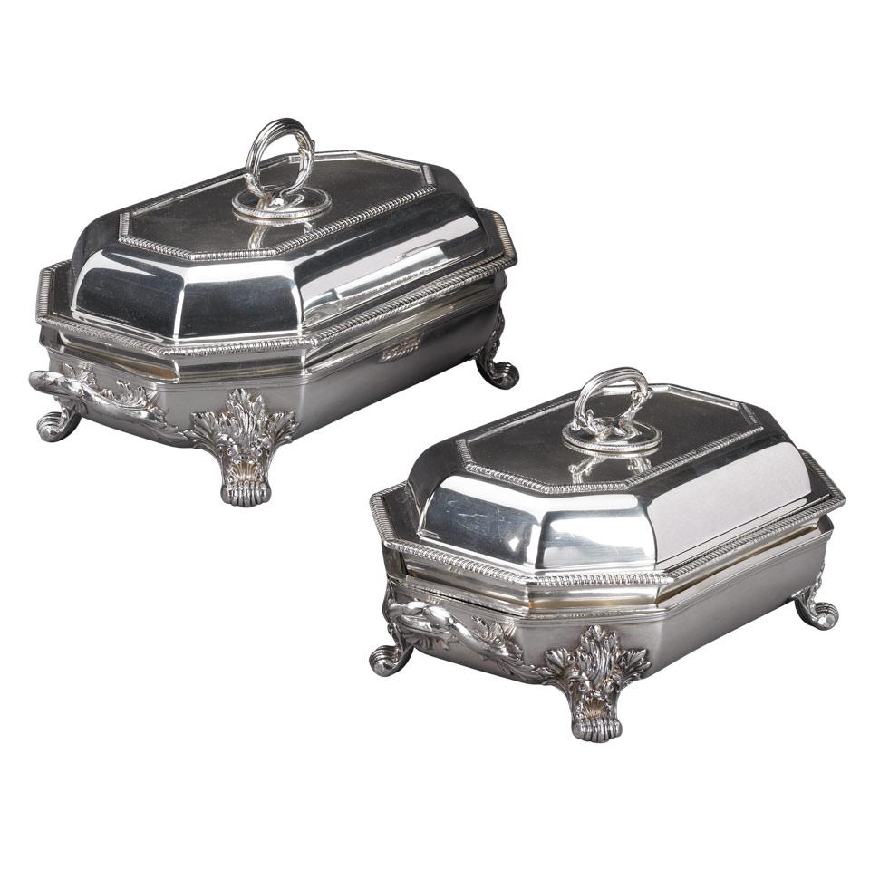 Pair of Sheffield Plated Entrée Dishes with Covers and Warming Stands, c.1820