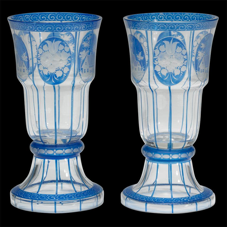Pair of Bohemian Blue Enameled and Engraved Glass Beakers, early 20th century