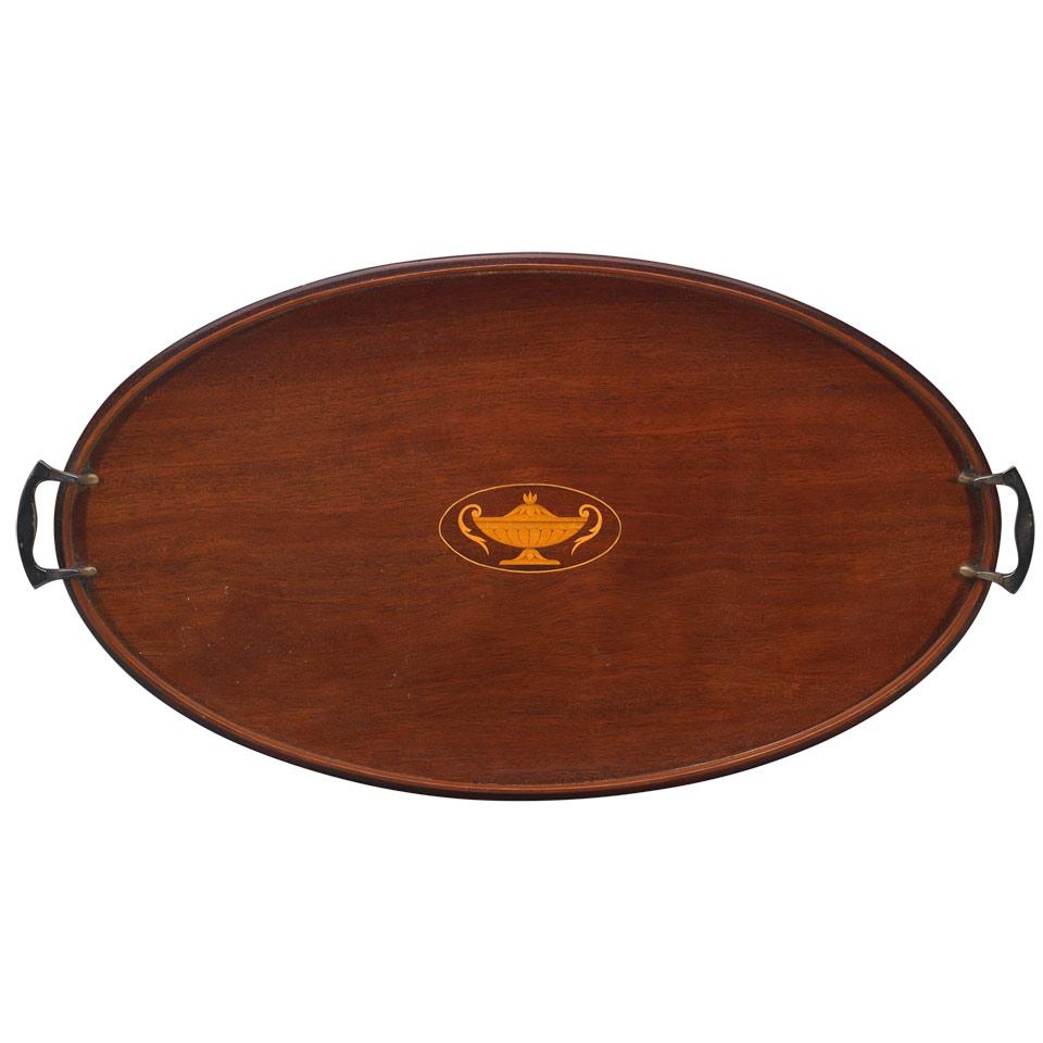 Edwardian Sheraton Style Inlaid Mahogany Oval Tea Tray with Silvered Handles