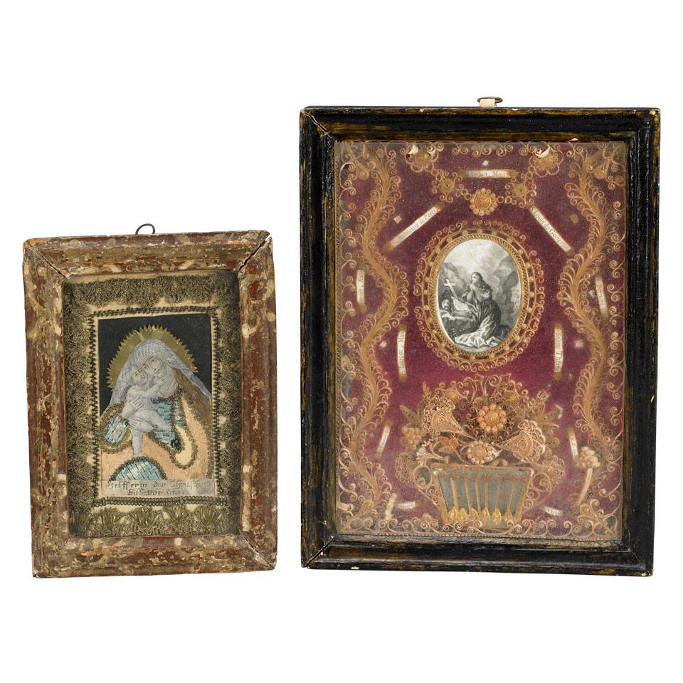 Italian Gilt Paperwork Icon Together with German Gilt Needlework and Paper Icon, 19th Century