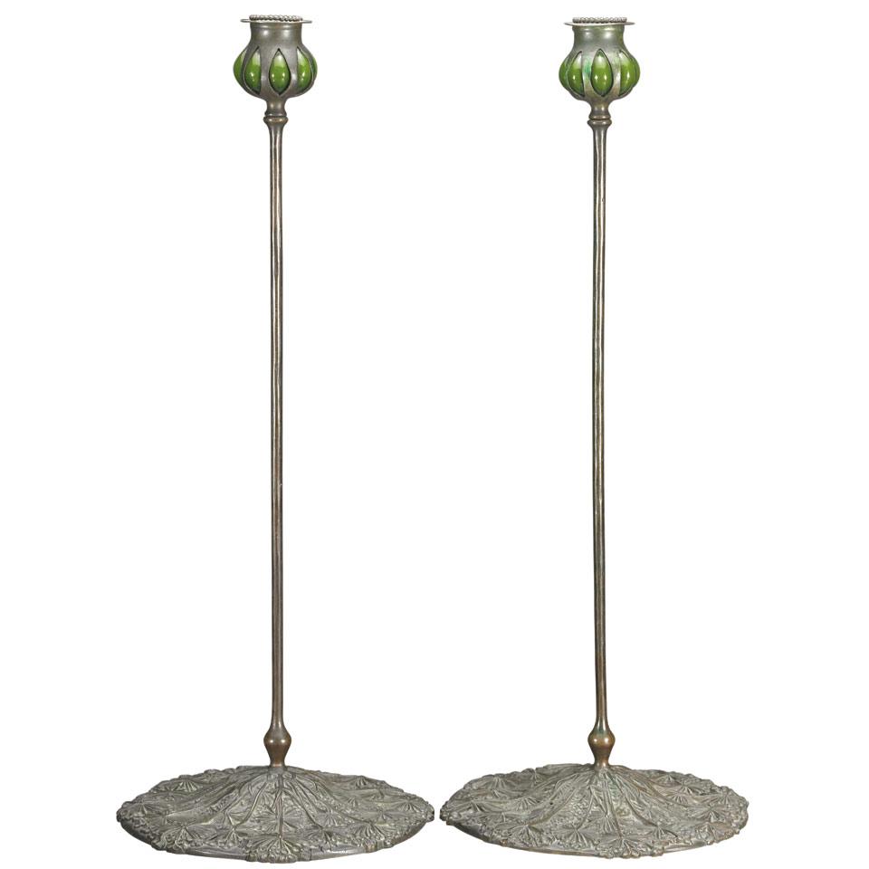 Pair Tiffany Studios Style Bronze Candlesticks in the Queen Anne’s Lace Pattern