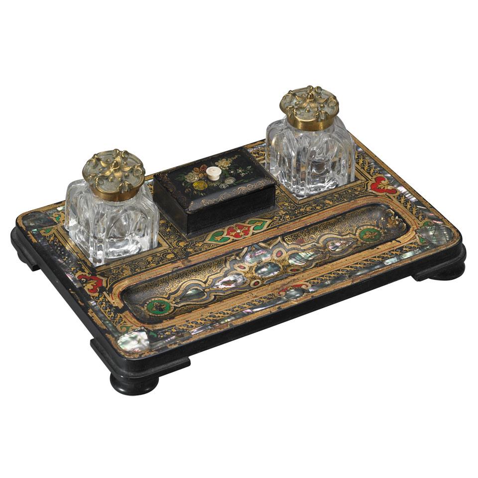 Neo-Gothic Japanned Papier Maché Two Pot Ink Stand