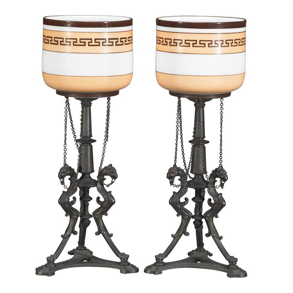 After the Antique, Pair of Porcelain Mounted Cast Iron Torchiére Stands, H. G. Zimmerman, Hanau, Germany, 19th century