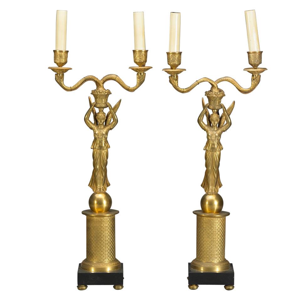 Pair French Restauration Style Gilt Bronze Figural Two Light Candelabra , 20th century