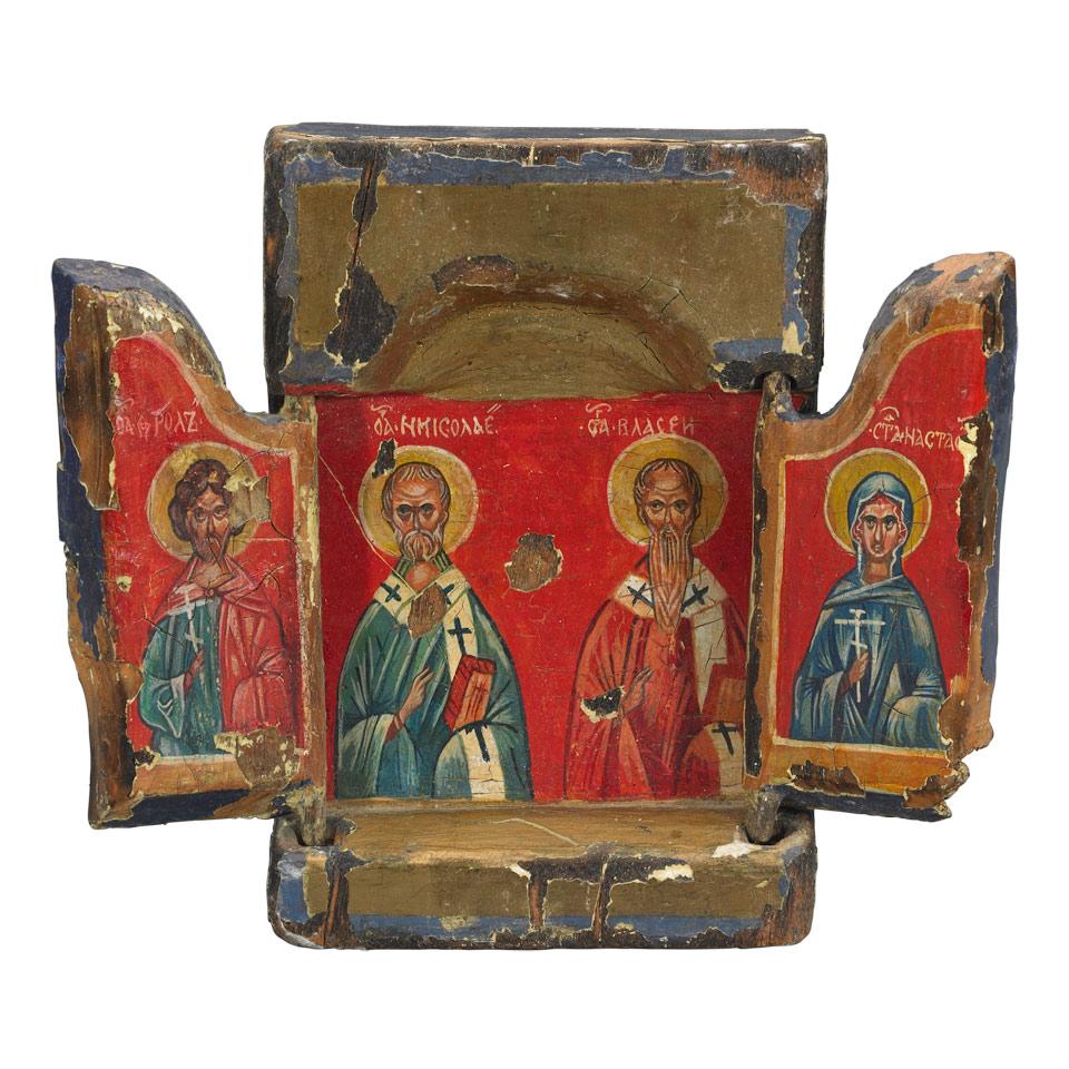Polish Folding Triptych Painted and Gilt Icon, 19th century 