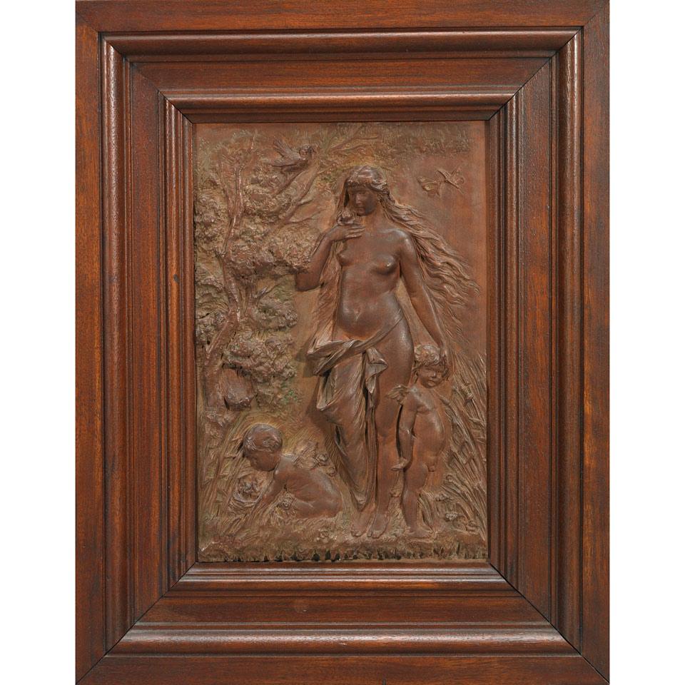 Otto Petri (German, 1860-1942) Relief Carved Walnut Plaque of Eve in the Garden with Two Cherubs, 1888