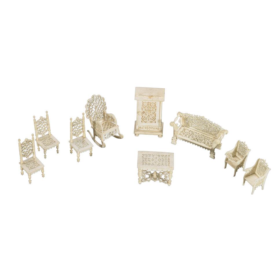 Nine Piece Anglo-Indian Vizagapatam, Indian Miniature Pierced Ivory Furniture Suite, 19th century