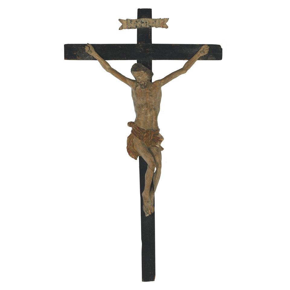 Spanish Colonial Carved , Gessoed, Polychromed and Parcel Gilt Crucifix, early 19th Century