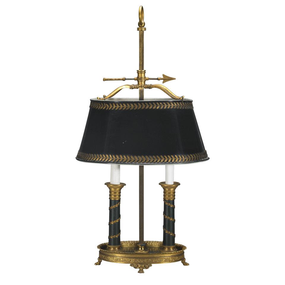 French Empire Style Gilt Bronze and Lacquered Metal Bouillotte Lamp, mid 20th century