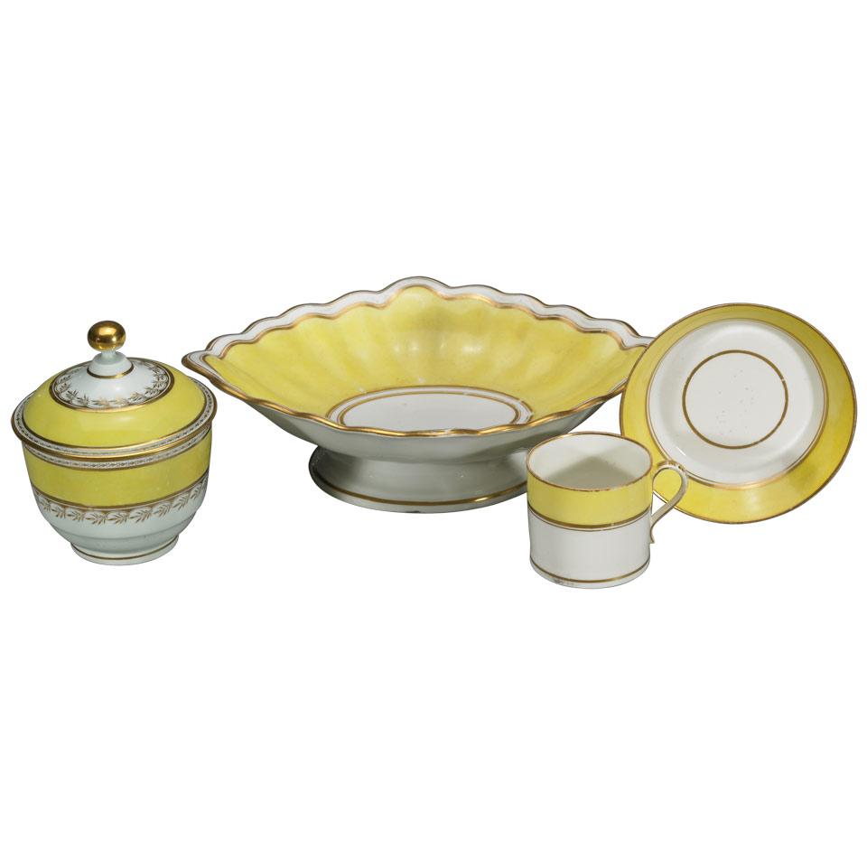 Derby Yellow-Ground Comport, Coffee Can and Saucer and a Worcester Covered Sugar Bowl, c.1790-1800