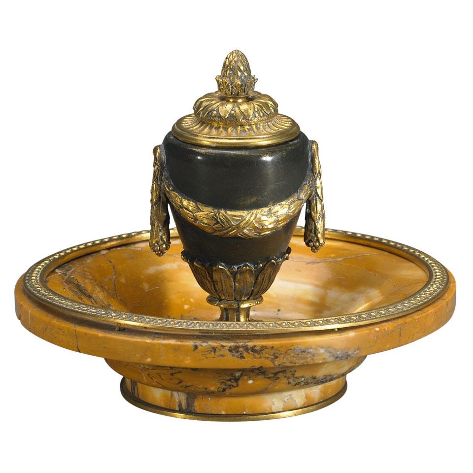 Louis Philippe Style Patinated and Gilt Bronze Urn Form Ink Stand on Sienna Marble Base, early 20th century
