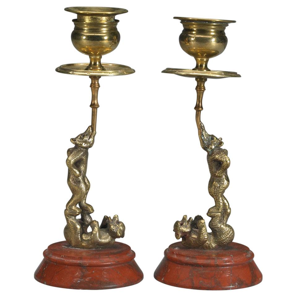 Small Pair Continental Brass and Rouge Griotte Marble Candlesticks