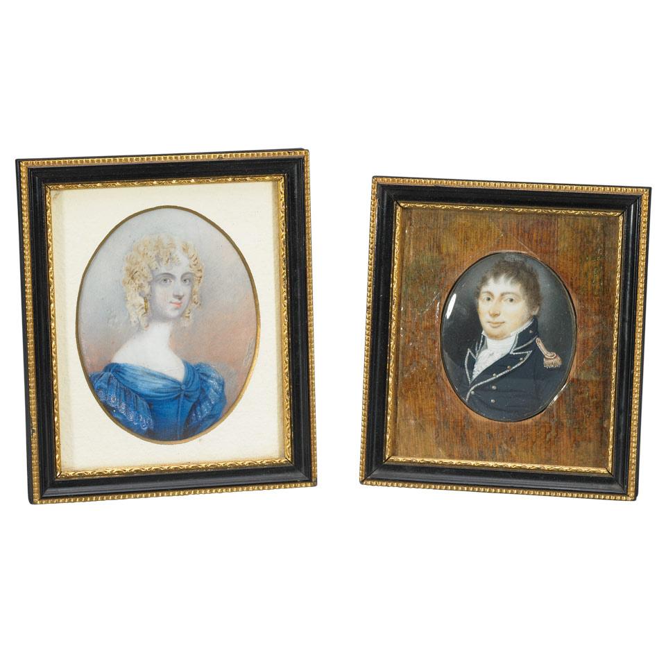 Two English Portrait Miniatures on Ivory, a Naval Officer and a Lady in a Blue Dress with Blonde Ringlets, c.1820