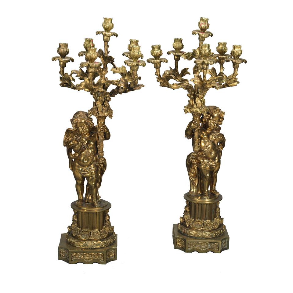 Large Pair of Napoleon III Gilt Bronze Figural Seven Branch Candelabras