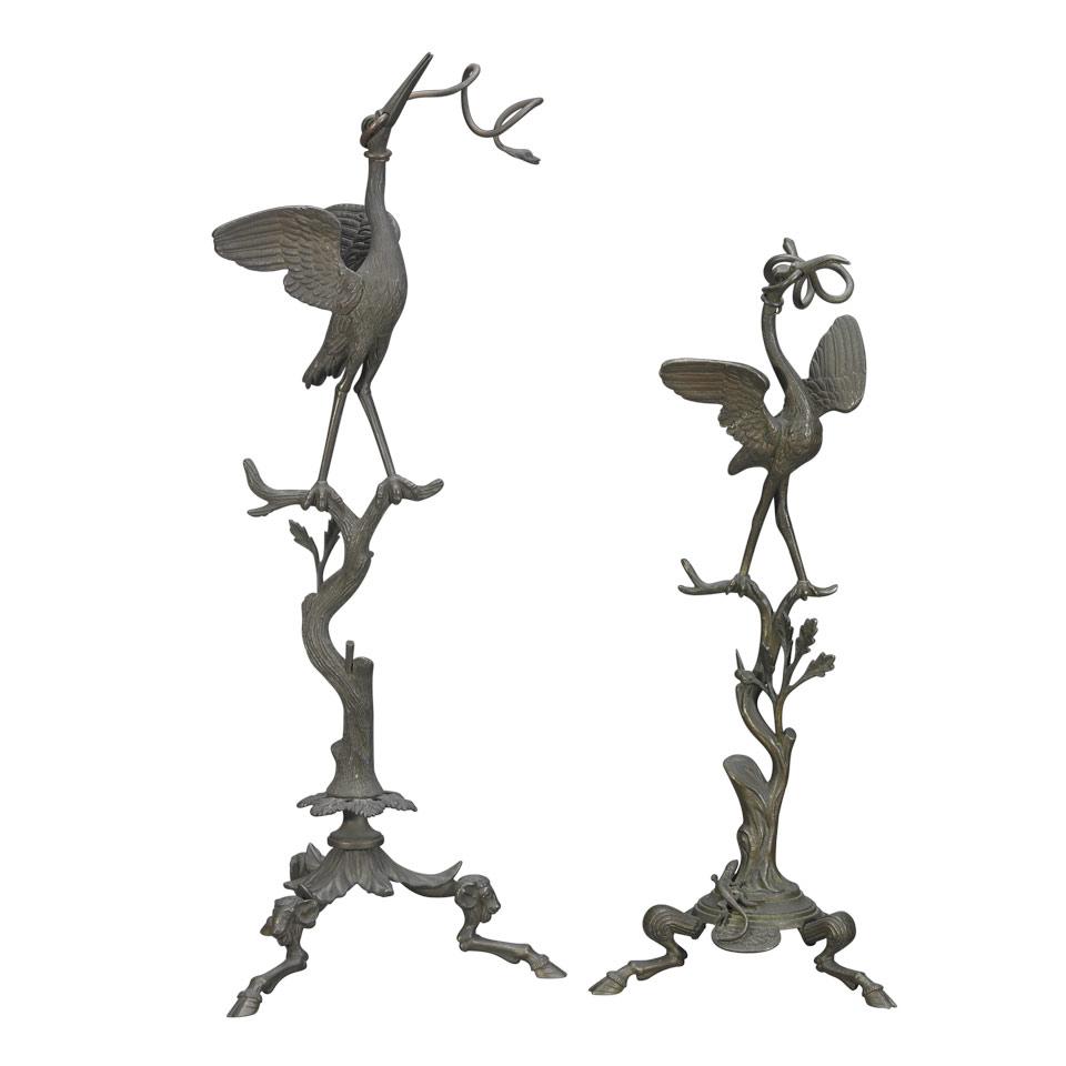 After the Antique, Pair of Neapolitan Patinated Bronze Crane and Snake Form Oil Lamp Stands, 19th century