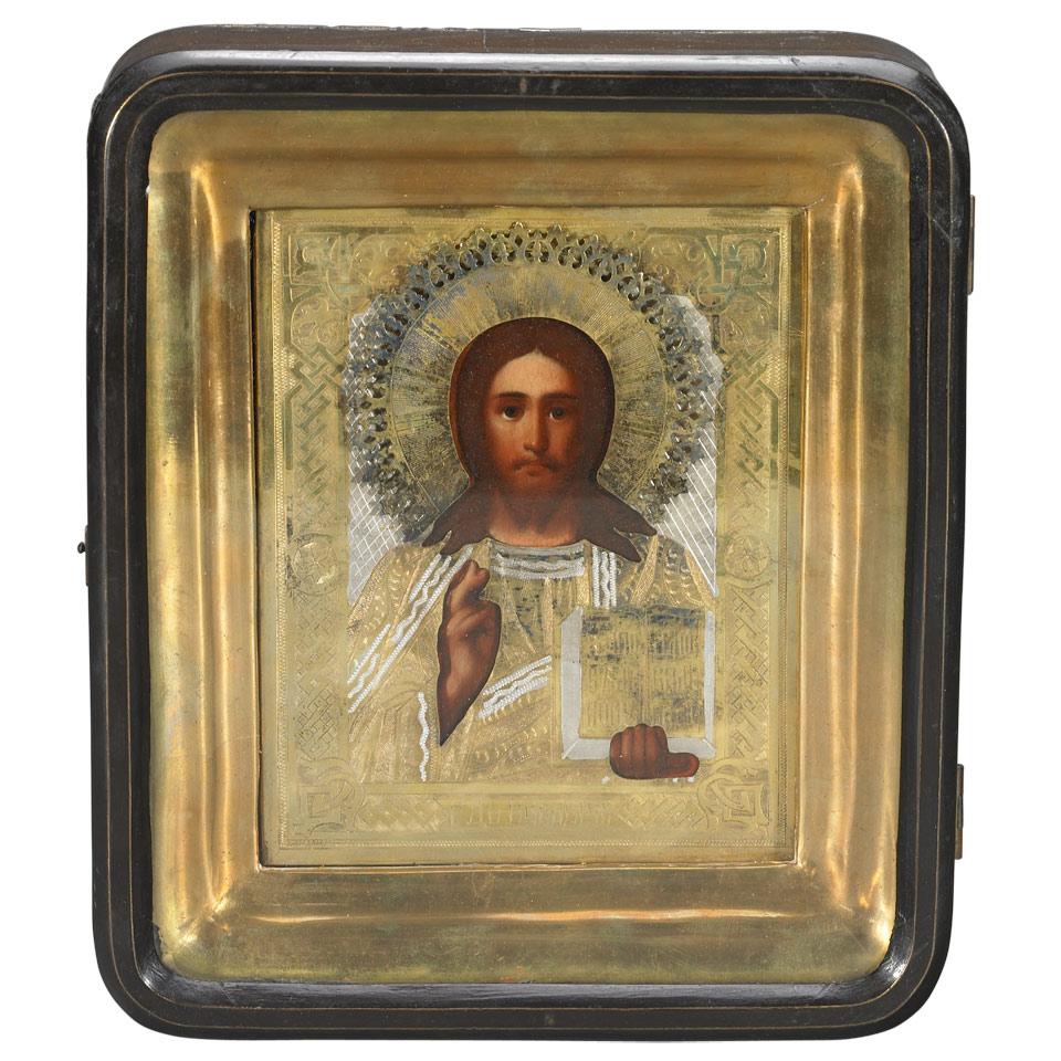 Cased Russian Icon, Christ the Pantocrator, late 19th century