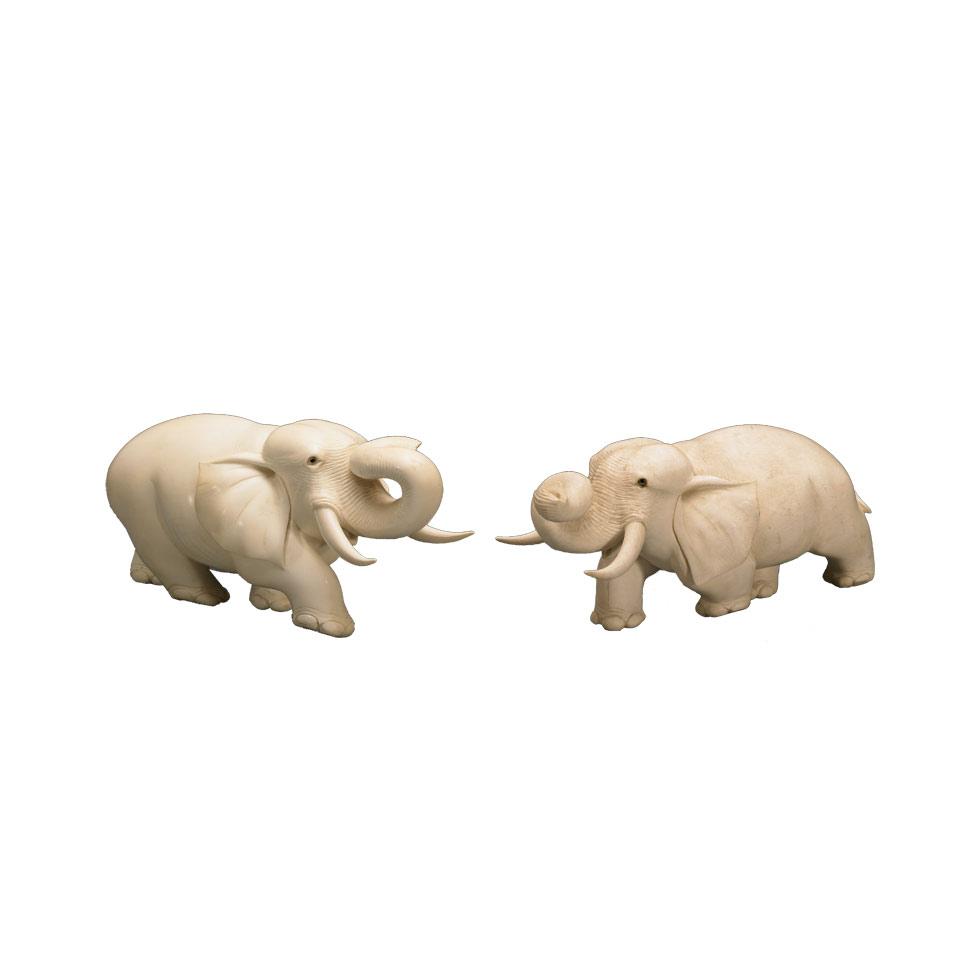 Pair of Chinese Carved Ivory Elephants, mid 20th century