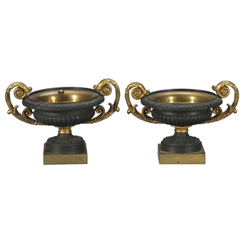 Pair Small Louis Philippe Patinated and Gilt  Bronze Garniture Coupes, 19th century
