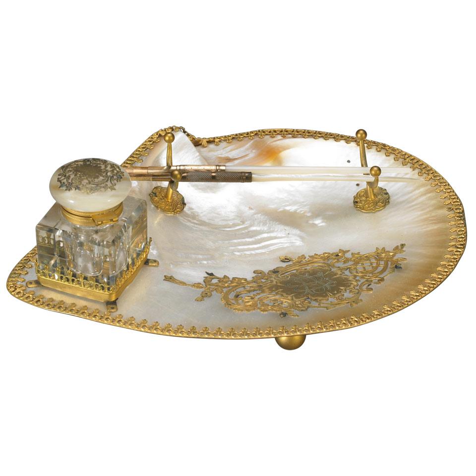 French Ormolu Mounted Abalone Pen and Ink Stand, c.1900