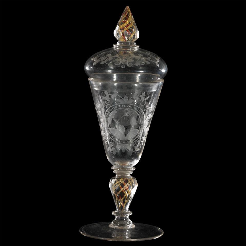Silesian or Bohemian Engraved Glass Covered Goblet, c.1711