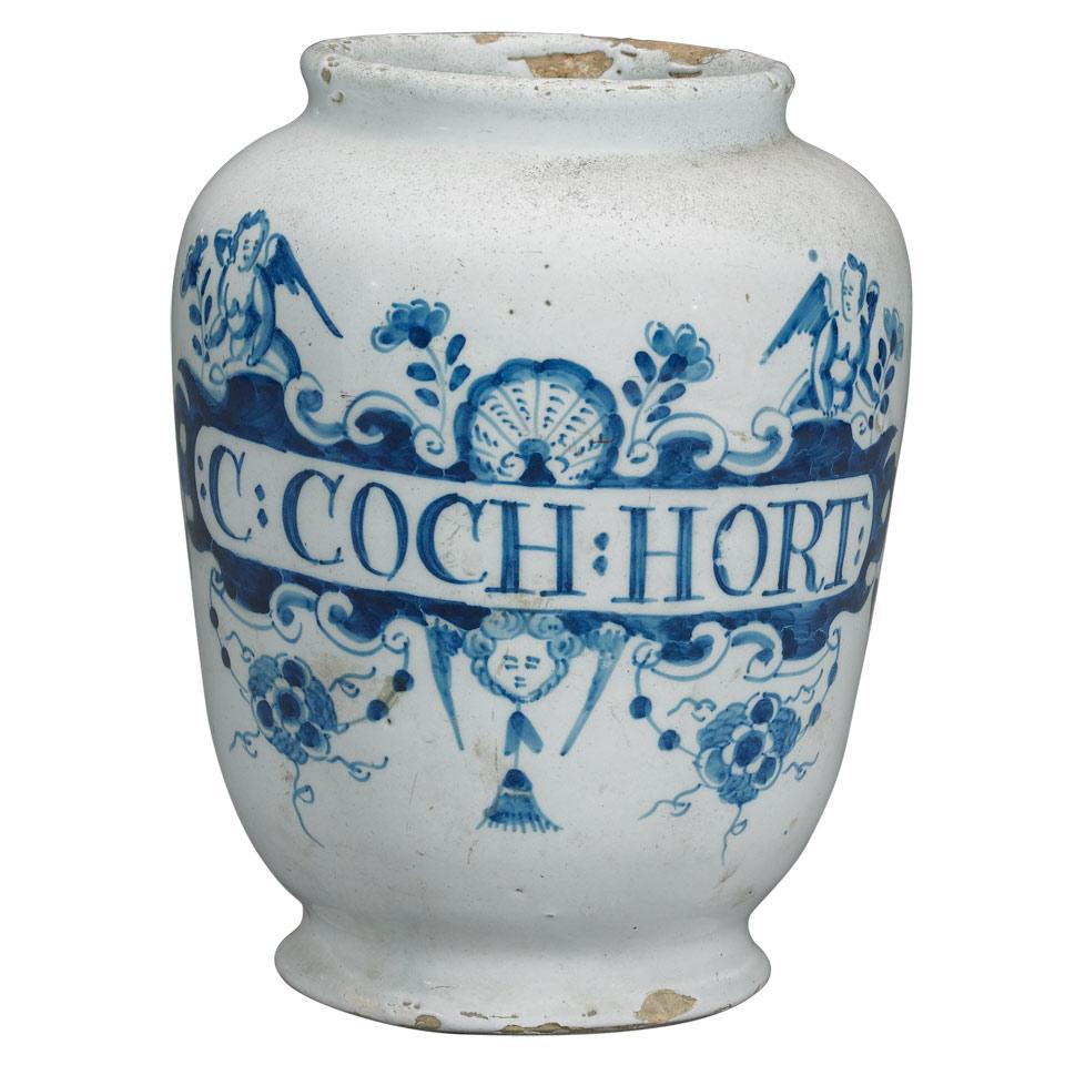 English Delft Drug Jar, 18th century