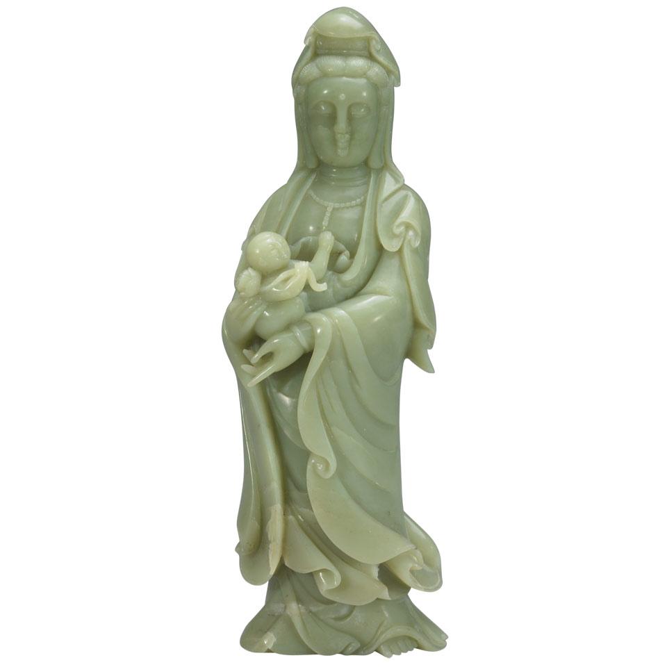 Large Celadon Jade Figure of Guanyin