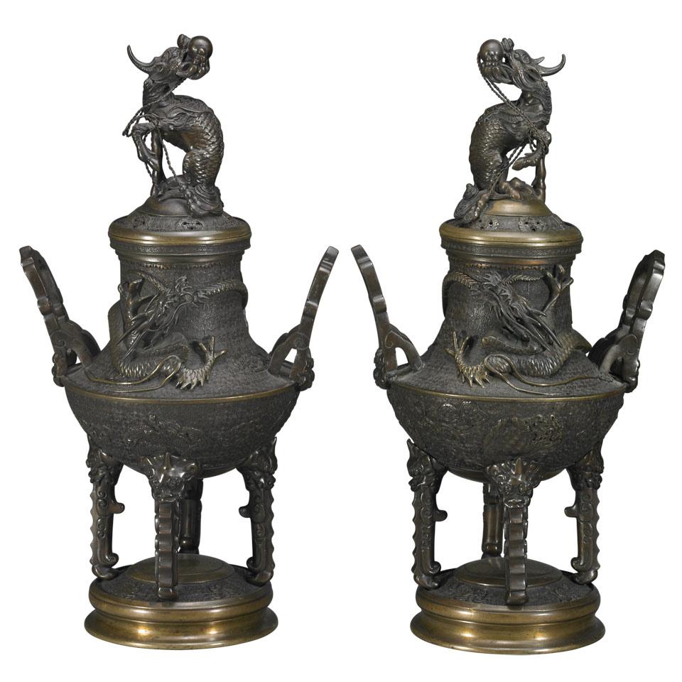 A Fine Pair of Bronze Kirin Censers, Koro, Meiji Period, Late 19th Century