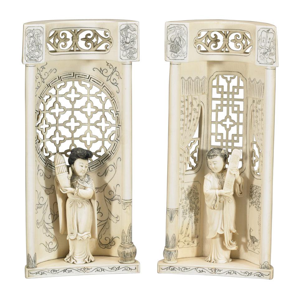 Pair of Ivory Carved Architectural Niches with Musicians
