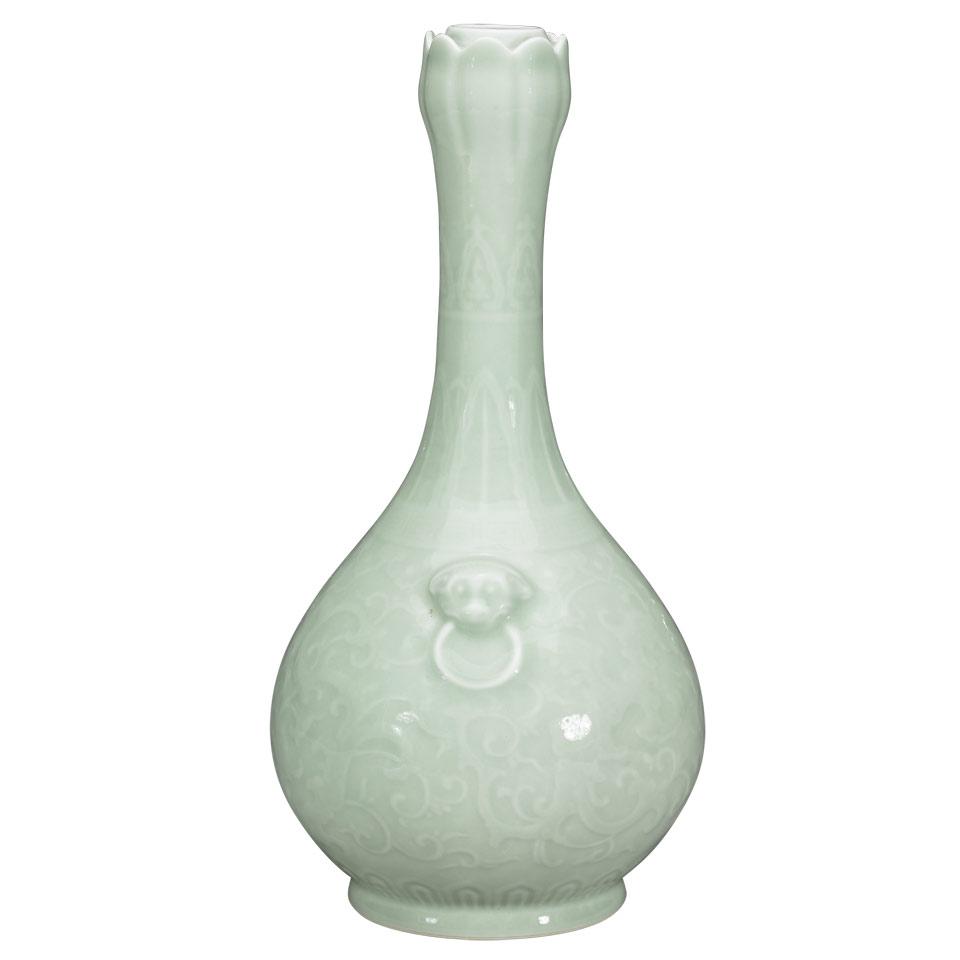 Celadon ‘Lotus Head’ Bottle Vase, Yongzheng Mark, Qing Dynasty, 19th Century