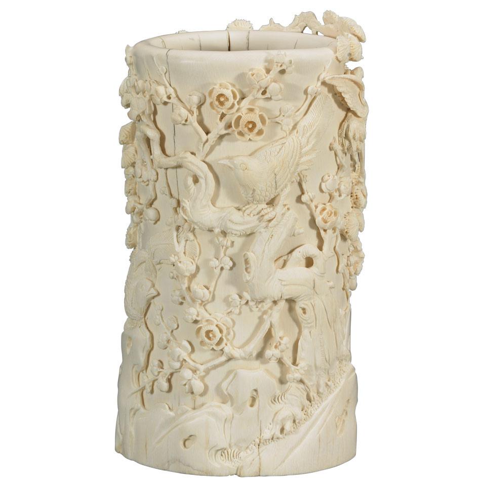 Large Ivory Carved Decorative Brushpot, Bitong