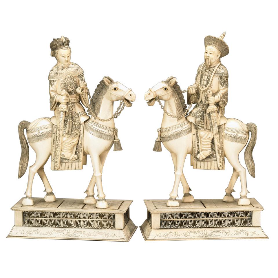 Large Ivory Carved Equestrian Figures of a King and Queen