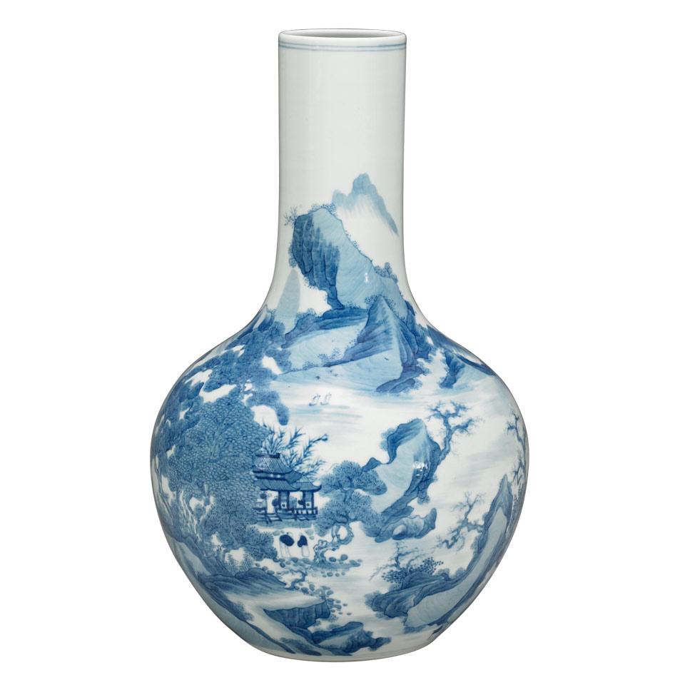 Blue and White Landscape Bottle Vase, Qianlong Mark, Qing Dynasty, 19th Century