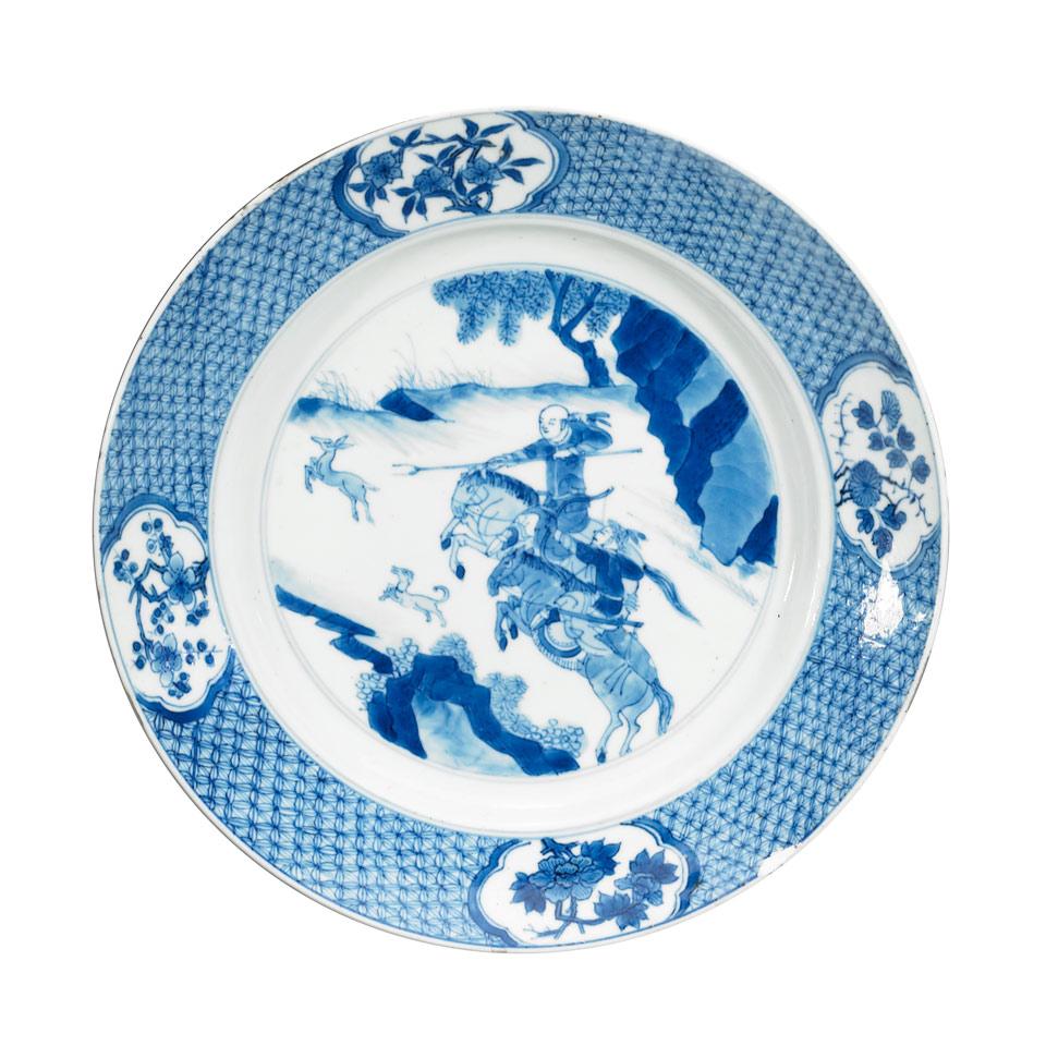 Blue and White ‘Hunt Scene’ Plate, Qing Dynasty, Kangxi Period (1664-1722)