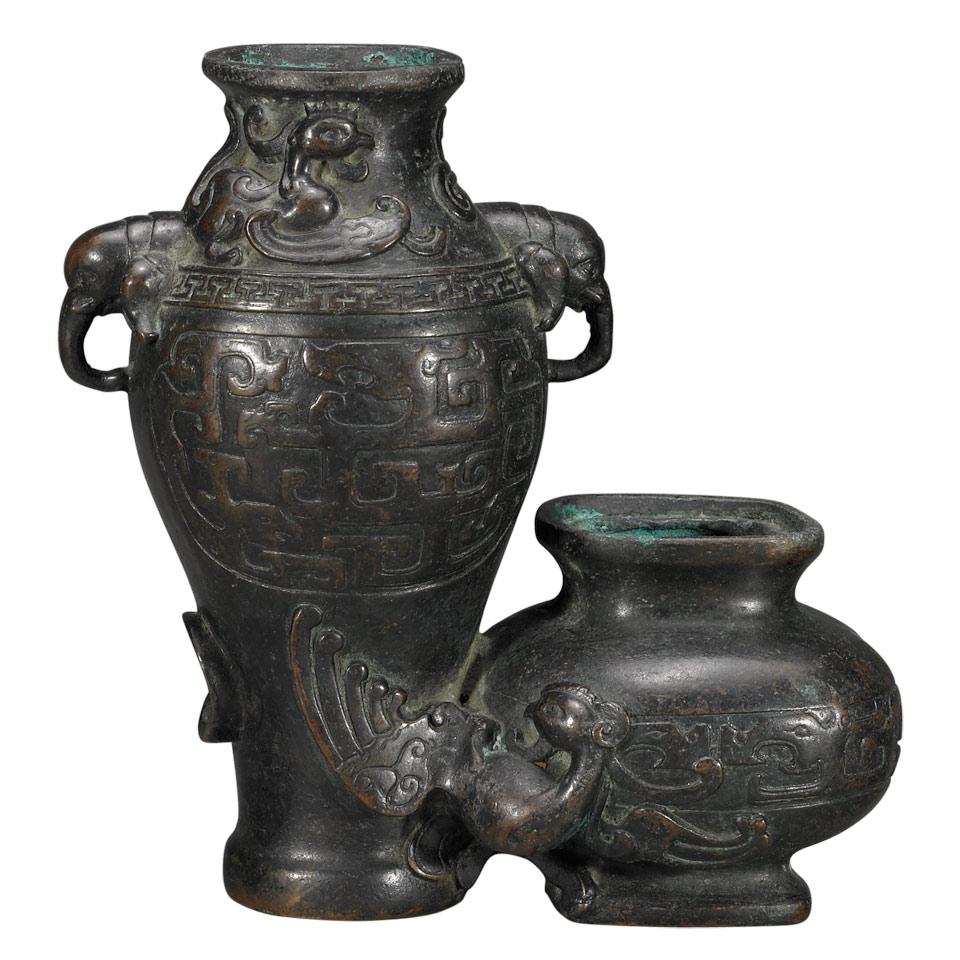 Bronze Archaistic Double Vase, Ming Dynasty, 17th Century 