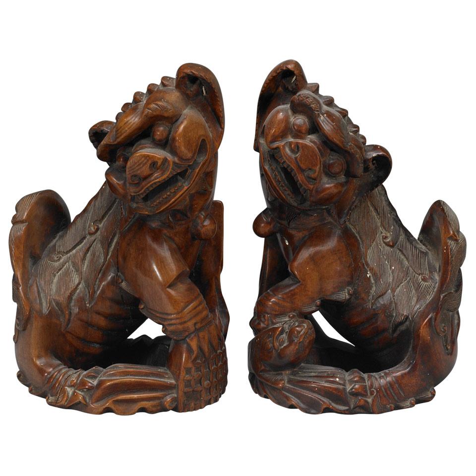 Pair of Wood Carved Guardian Fu Lions, Qing Dynasty, 19th/20th Century