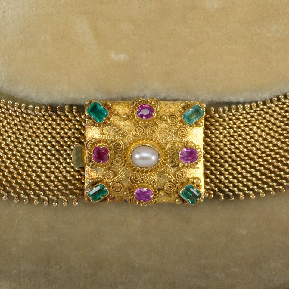Late 19th Century 18k Yellow Gold Mesh Collar Necklace & Double Strap Bracelet Suite