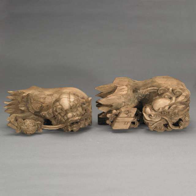 Pair of Wood Dragon and Fu Lion Architectural Fragments