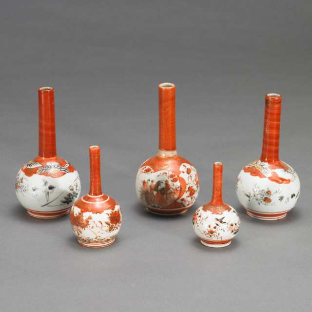 Five Kutani Stick Neck Vases, Circa 1910