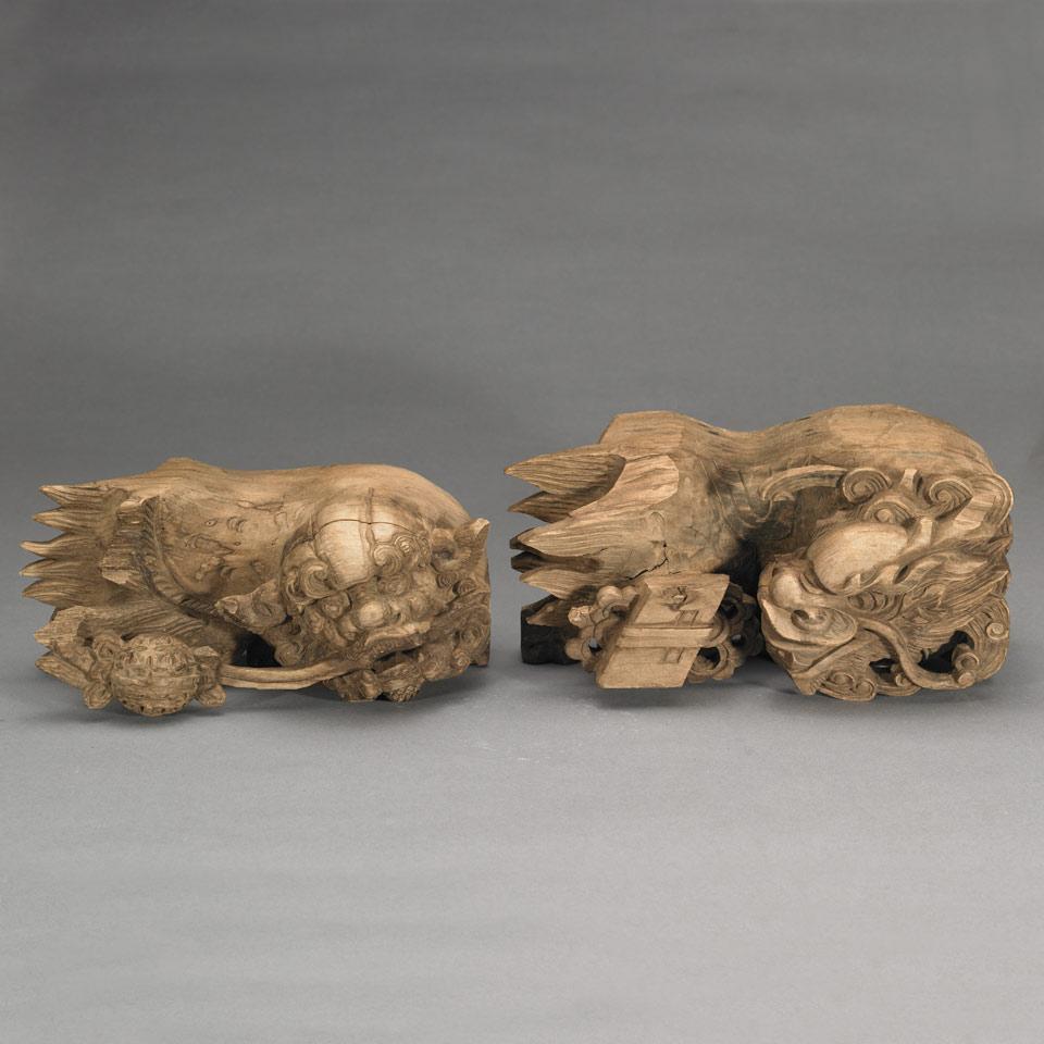 Pair of Wood Dragon and Fu Lion Architectural Fragments