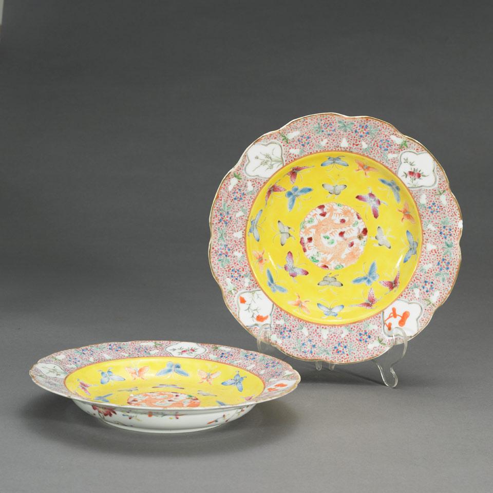 Pair of Famille Rose Dragon and Butterfly Plates, Guangxu Mark