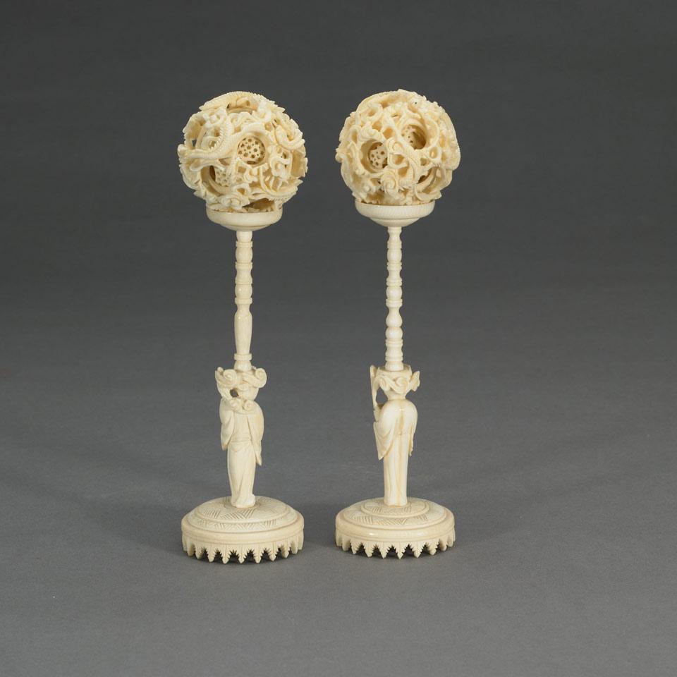 Pair of Ivory Carved Puzzle Balls on Stands
