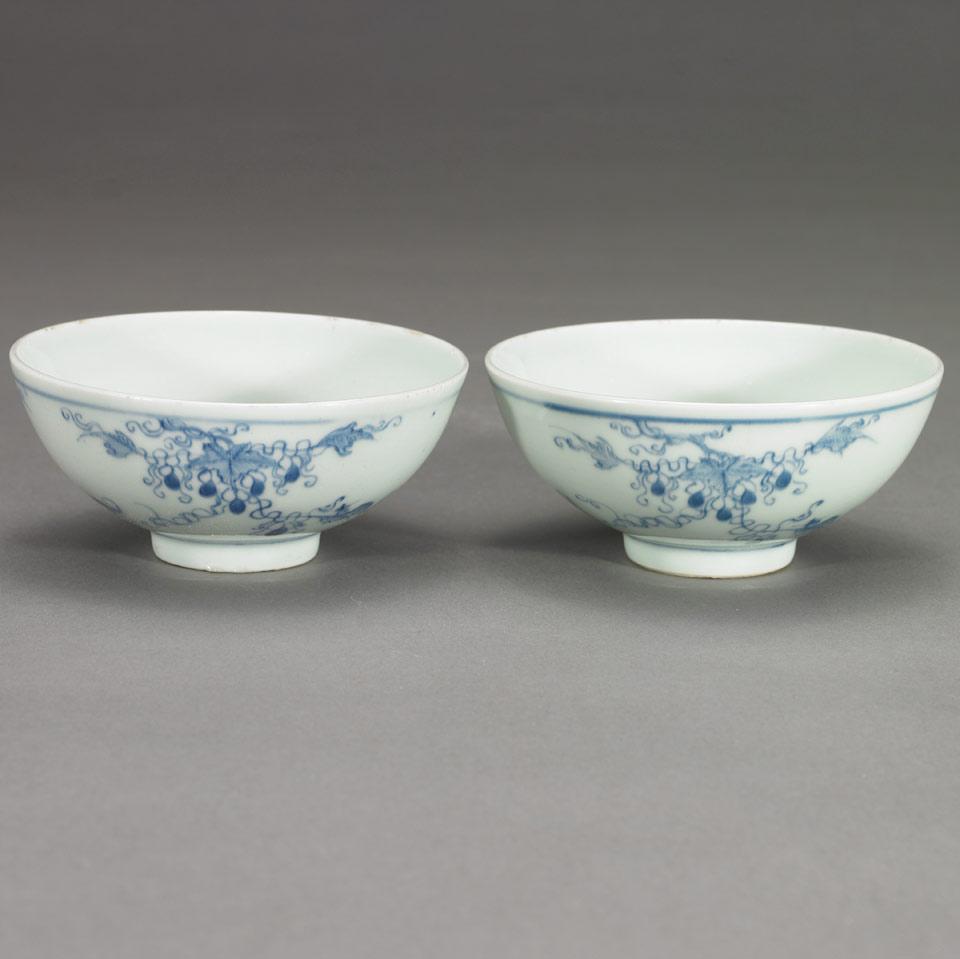 Pair of Blue and White Squirrel and Grape Bowls, Yongzheng Mark 